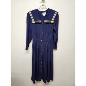Vintage L.G.S. Womens Navy Nautical Long Sleeve Button Up Midi/Maxi Dress, Sz 10